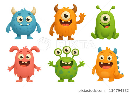 Cute cartoon monsters with playful expressions in various colors isolated on transparent background. concept of fun characters, children's illustrations, monster clip art design 134794582