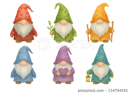 Png collection of charming gnomes in colorful attire isolated on transparent background. concept of whimsical characters, fairy decor, fantasy garden elements, playful design 134794585