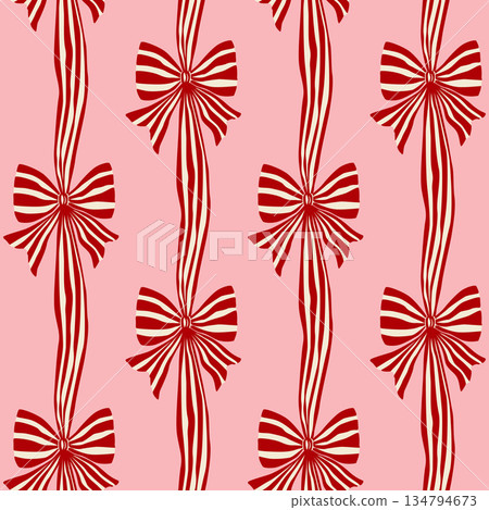 Red and pink coquette bows, ribbons seamless pattern. Cute vertical striped repeat background, print, wallpaper Red and pink coquette bows, ribbons seamless pattern. Cute vertical striped repeat background, print, wallpaper 134794673