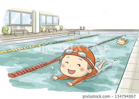 小學游泳課上，一個男孩在泳池裡游泳的插圖 134794867