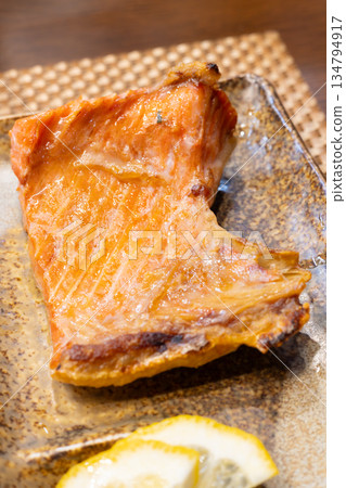 Delicious grilled fish, grilled salmon belly Delicious grilled fish, grilled salmon belly 134794917