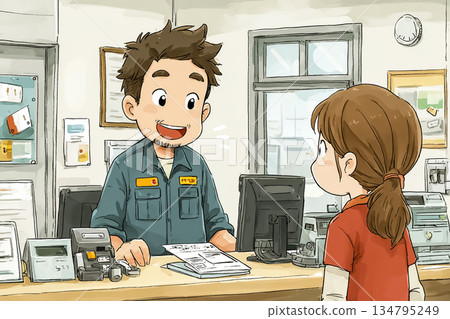 圖說:一名男性工作人員正在快遞中心的前台講解包裹訊息 圖說:一名男性工作人員正在快遞中心的前台講解包裹訊息 134795249