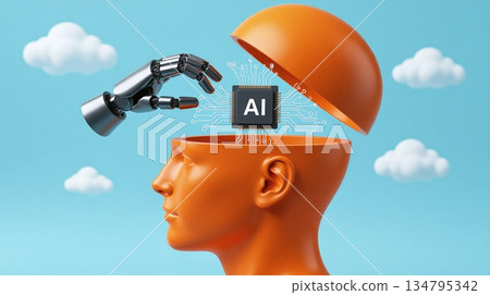 Robot inserting artificial intelligence chip into stylized human head - ai generated Robot inserting artificial intelligence chip into stylized human head - ai generated 134795342