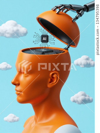 Robot inserting artificial intelligence chip into stylized human head - ai generated 134795398