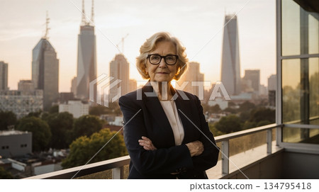 Confident senior businesswoman on city rooftop - ai generated Confident senior businesswoman on city rooftop - ai generated 134795418