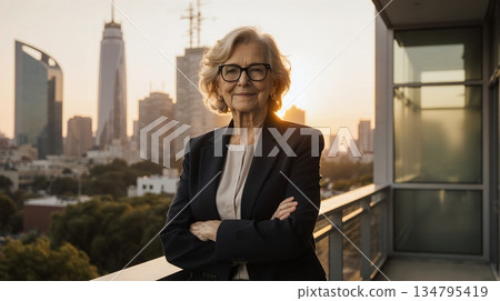 Confident senior businesswoman on city rooftop - ai generated 134795419