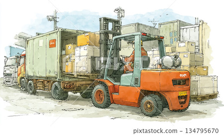 物流現場示意圖，圖中貨物正用堆高機裝載到卡車上。 134795670