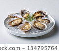 Plate of oysters with a green herb on top 134795764