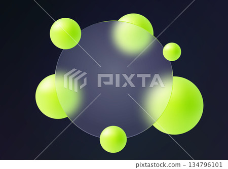 Dark abstract glassmorphism background with frosted circular panel and bright green spheres. Dark abstract glassmorphism background with frosted circular panel and bright green spheres. 134796101