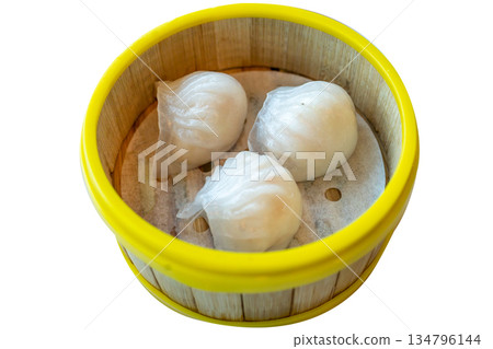 Top view of Shrimp Ha Gao in the yellow edge basket, focus selective Top view of Shrimp Ha Gao in the yellow edge basket, focus selective 134796144