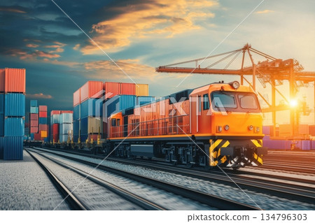 High-Speed Train Transporting Cargo Through Industrial Landscape at Sunset 134796303