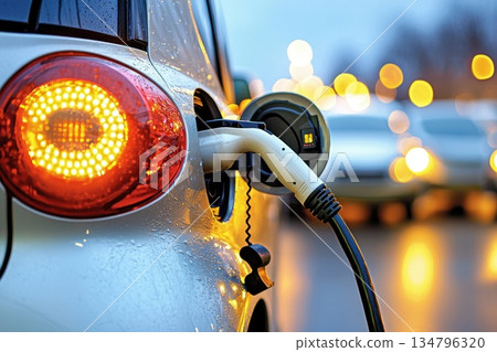 Well-Lit Outdoor Parking Area at Dusk with Electric Vehicle Charging Station Well-Lit Outdoor Parking Area at Dusk with Electric Vehicle Charging Station 134796320