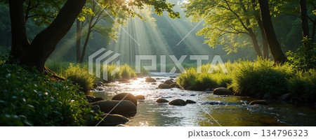 Golden sunlight over a tranquil forest creek with smooth stones - ai generated 134796323