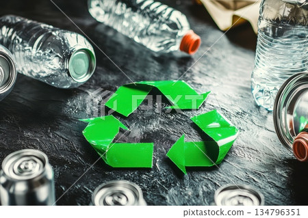 Close-Up of Recycling Symbol Formed by Various Green Elements on Dark Background 134796351