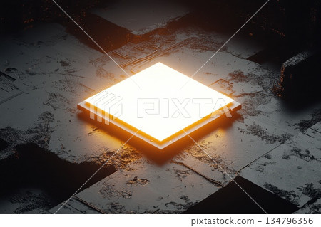Glowing AI Chip Hovering in Mid Air Surrounded by Dark Technology Background 134796356