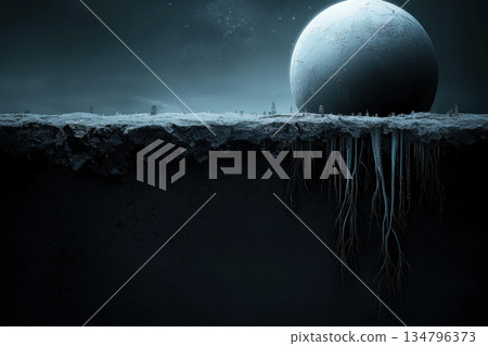 Surreal Futuristic Composition of Earth with Alien Landscape and Moon Surreal Futuristic Composition of Earth with Alien Landscape and Moon 134796373