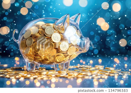 Geometric Abstract Crystal Piggy Bank Filled with Coins and Sparkling Bokeh Geometric Abstract Crystal Piggy Bank Filled with Coins and Sparkling Bokeh 134796383