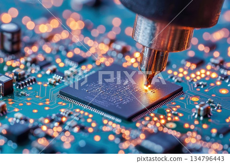 High Resolution Macro Shot of Circuit Board with Glowing Components and Close-up Details High Resolution Macro Shot of Circuit Board with Glowing Components and Close-up Details 134796443
