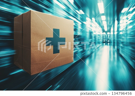 Brown Paper Bag with Pharmacy Symbol in Motion Blur Inside a Modern Health Facility 134796456