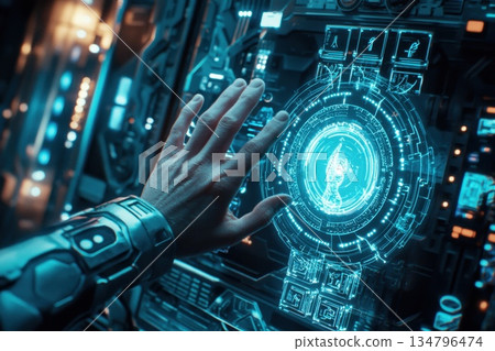 Human Hand Touching AI-Powered Holographic Interface in Futuristic Digital Environment 134796474