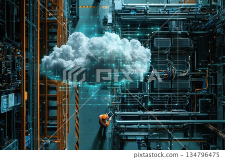 Aerial View of Person Using Mobile Device in Industrial Environment with Cloud Technology 134796475