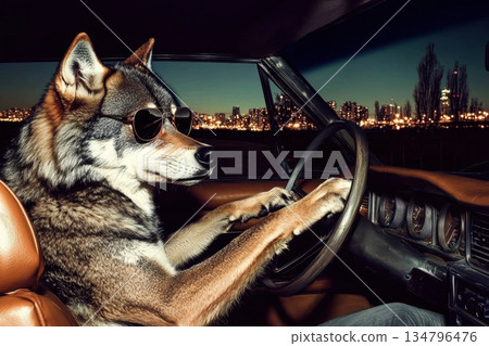 Confident Wolf in Aviator Shades Driving at Night with City Lights in Background 134796476