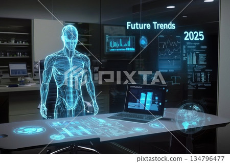 Futuristic Desk Setup with Laptop and Holographic Displays Showcasing Future Trends Data 134796477