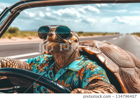 Wise Tortoise Driving Convertible in Classic Aviator Sunglasses on Open Road Wise Tortoise Driving Convertible in Classic Aviator Sunglasses on Open Road 134796487