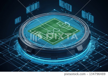 Futuristic Sports Betting Advertisement Featuring Digital Soccer Field Visualization Futuristic Sports Betting Advertisement Featuring Digital Soccer Field Visualization 134796489