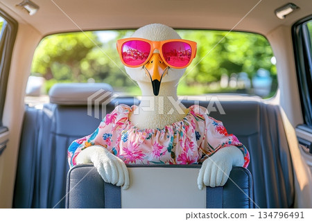 Fashionable Flamingo Wearing Oversized Pink Sunglasses in a Car Interior 134796491