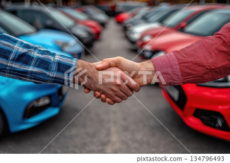 Handshake between Two Individuals at Car Dealership Amidst Colorful Cars in Background Handshake between Two Individuals at Car Dealership Amidst Colorful Cars in Background 134796493