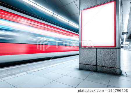 High-Speed Metro Train Arriving at Sleek Underground Station with Motion Blur Background High-Speed Metro Train Arriving at Sleek Underground Station with Motion Blur Background 134796498