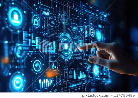 Futuristic Touch Control Panel with Glowing Elements and Abstract Digital Design 134796499