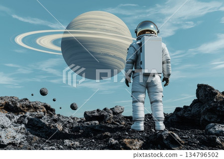 Highly Detailed Astronaut in Suit Reflecting Glow with Planet and Moons in Background 134796502