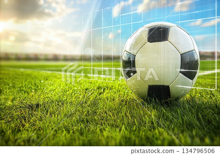 High-Tech Sports Betting Concept with Soccer Ball and Digital Interface on Field 134796506