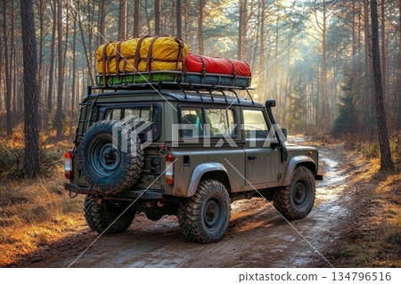 Rugged SUV on Forest Trail with Colorful Travel Bags Securely Fastened on Roof Rack Rugged SUV on Forest Trail with Colorful Travel Bags Securely Fastened on Roof Rack 134796516