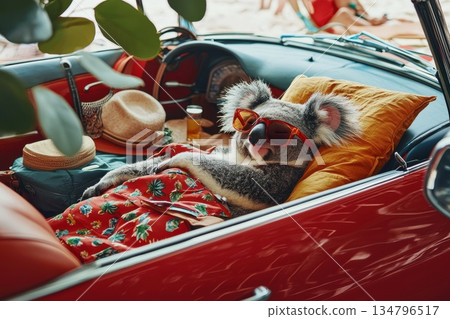 Sleepy Koala in Oversized Sunglasses Relaxing in a Vintage Car Interior on a Beach 134796517