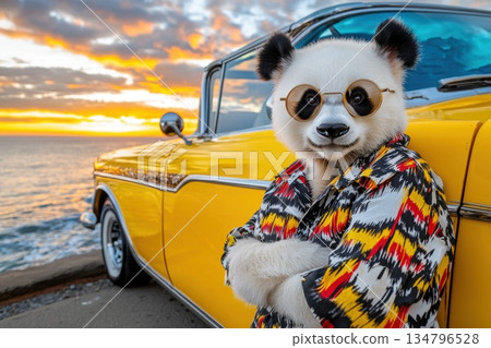 Charismatic Panda in Bold Patterned Shirt by Classic Yellow Car at Summer Sunset Charismatic Panda in Bold Patterned Shirt by Classic Yellow Car at Summer Sunset 134796528