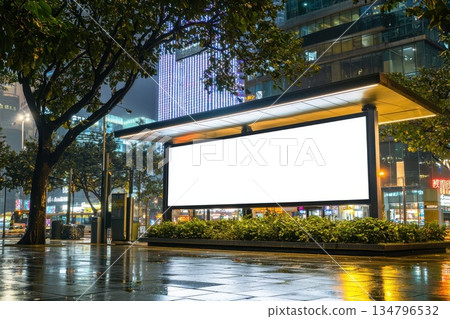 Blank Vertical Billboard Mockup in a Glowing Cityscape at Night with Reflections 134796532