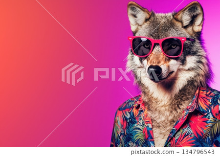 Highly Detailed Close-Up of a Dabbing Wolf in Sunglasses with Colorful Background Highly Detailed Close-Up of a Dabbing Wolf in Sunglasses with Colorful Background 134796543