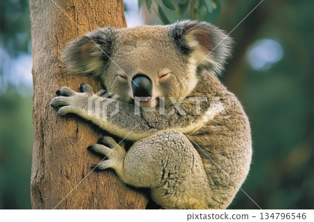 Adorable Koala Hugging Eucalyptus Tree with Half Closed Eyes in Nature Setting Adorable Koala Hugging Eucalyptus Tree with Half Closed Eyes in Nature Setting 134796546