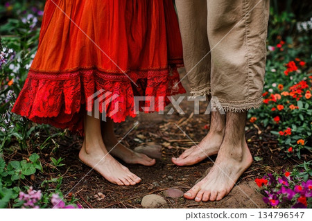 Couple Dancing Barefoot in Open Field Surrounded by Colorful Flowers and Nature Couple Dancing Barefoot in Open Field Surrounded by Colorful Flowers and Nature 134796547
