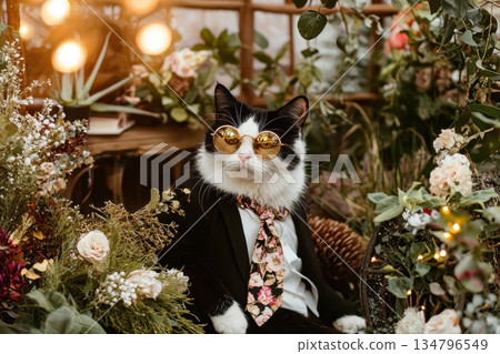 Fashionable Cat in Tuxedo with Sunglasses Surrounded by Floral Decorations Fashionable Cat in Tuxedo with Sunglasses Surrounded by Floral Decorations 134796549