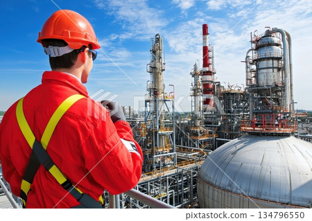Technician Securing Safety Harnesses Before Climbing Industrial Equipment at Site Technician Securing Safety Harnesses Before Climbing Industrial Equipment at Site 134796550