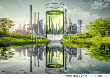 Glass of Pure Water Held Up Against Polluted Industry Landscape Reflection Glass of Pure Water Held Up Against Polluted Industry Landscape Reflection 134796567