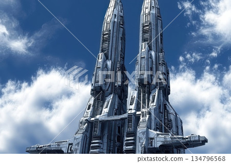 Futuristic Space Elevator Concept Stretching Upwards Towards the Sky 134796568