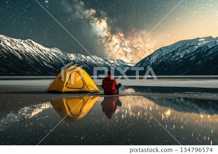 Solo Camper Sitting in Front of Tent Gazing at Starry Night in Scenic Landscape Solo Camper Sitting in Front of Tent Gazing at Starry Night in Scenic Landscape 134796574