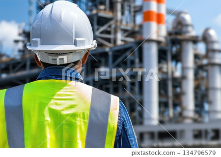 Safety Officer in Reflective Vest Observing Industrial Facility Operations Safety Officer in Reflective Vest Observing Industrial Facility Operations 134796579