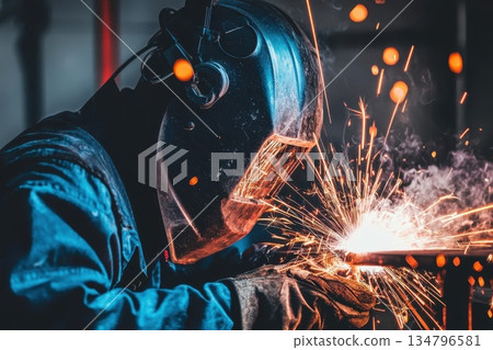 Close-Up Shot of Industrial Worker Welding with Sparks Flying in Workshop Close-Up Shot of Industrial Worker Welding with Sparks Flying in Workshop 134796581