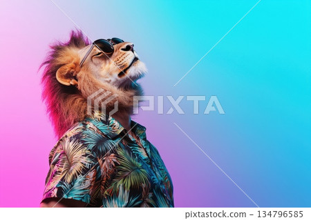 Photorealistic studio shot of a lion wearing sunglasses in a vibrant background Photorealistic studio shot of a lion wearing sunglasses in a vibrant background 134796585